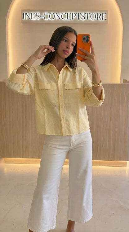 Chemise Crop Femme Poches Poitrine – Coupe Ample Casual Chic