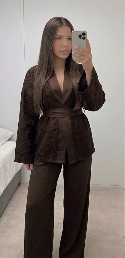 Ensemble 2 pièces satin texturé femme noir dos droit