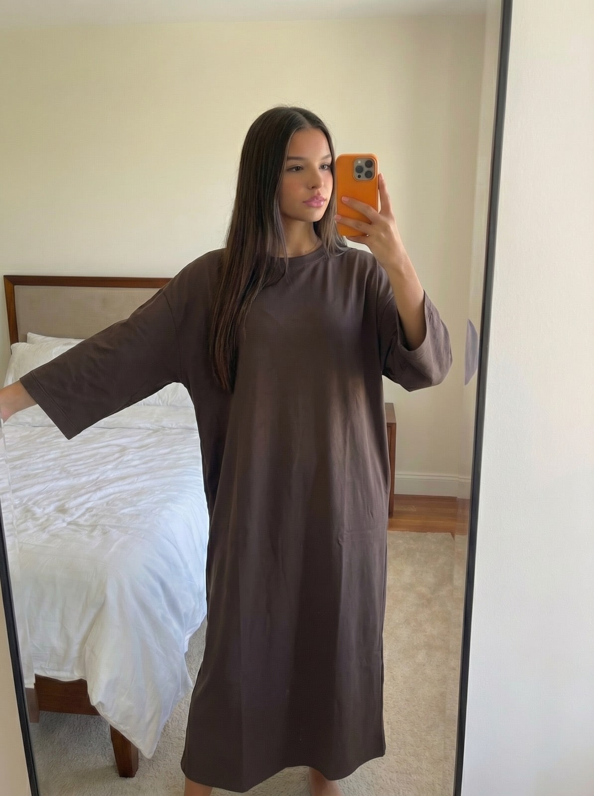 Robe longue oversize femme marron manches amples vue face
