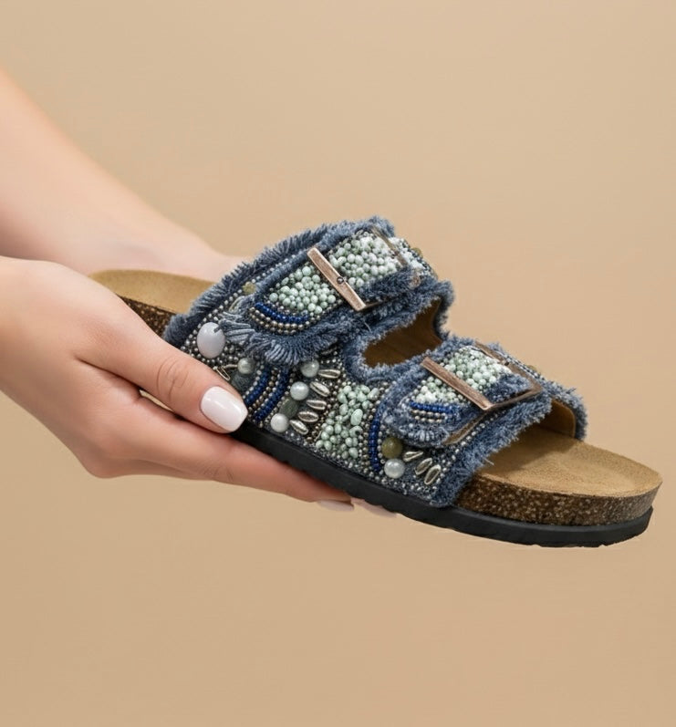 Sandales Bohème Denim Perlé — Confort & Élégance Estivale