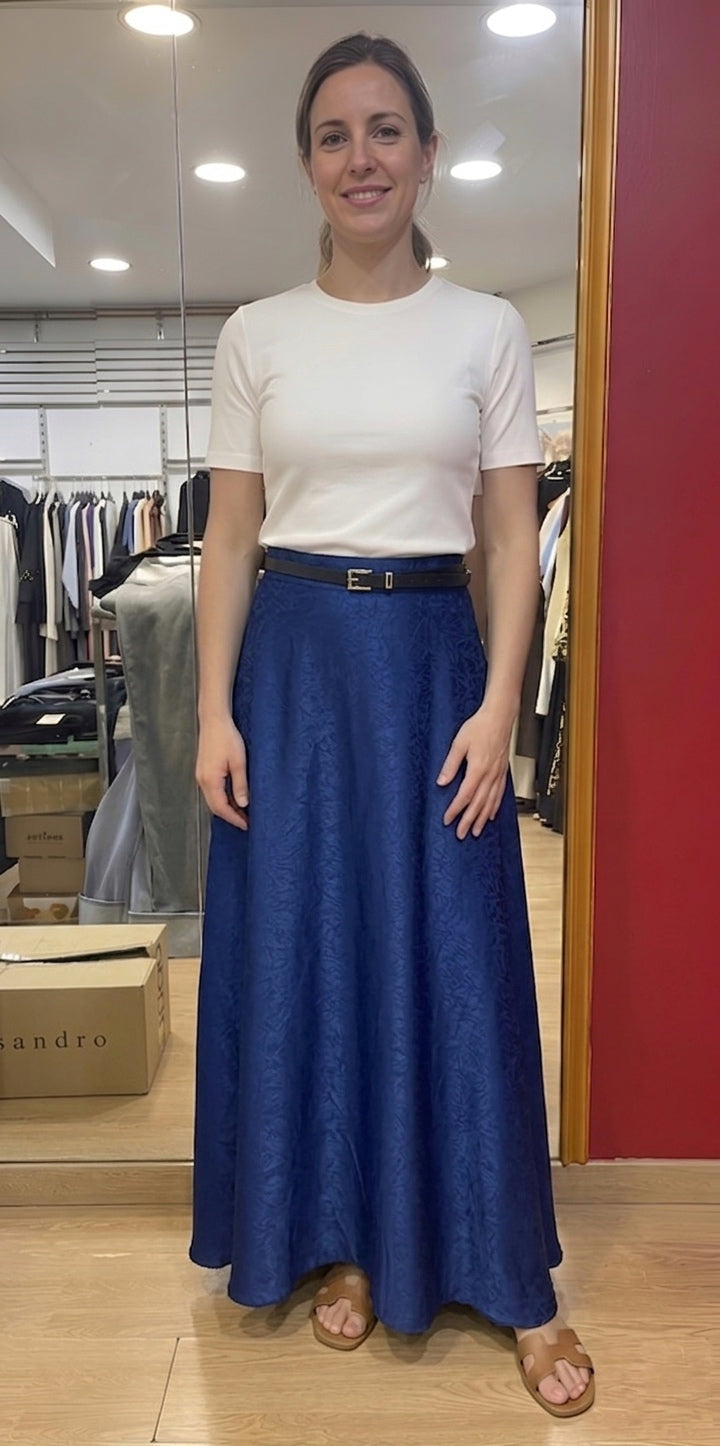 Jupe évasée femme bleu texturée coupe mouvement vue profil