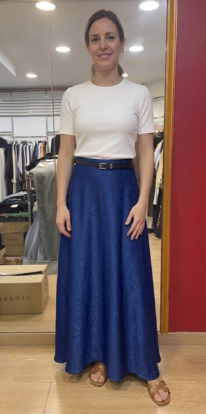 Jupe évasée femme bleu texturée coupe mouvement vue profil