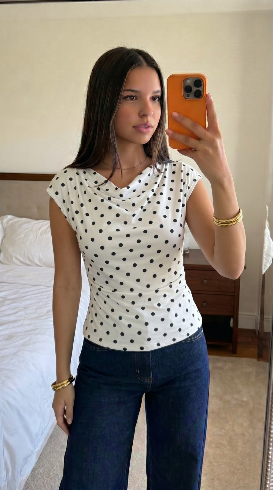 Top asymétrique pois marron femme vue dos