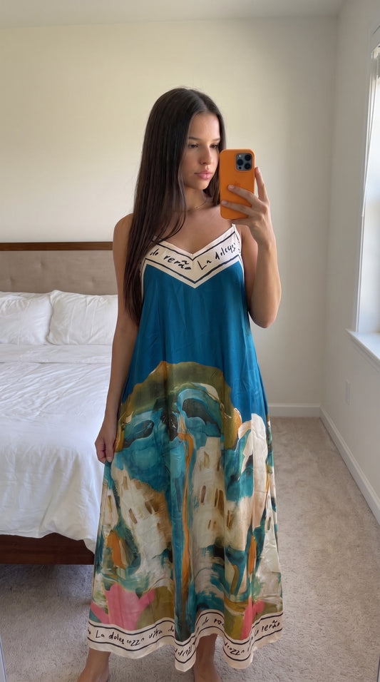 Robe longue fluide imprimée bleu multicolore femme – vue de face