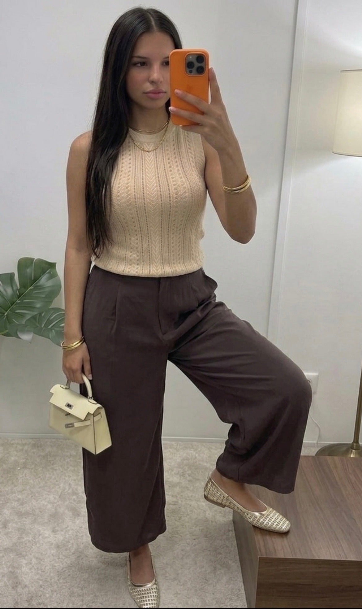Pantalon large effet tencel vert femme taille élastique