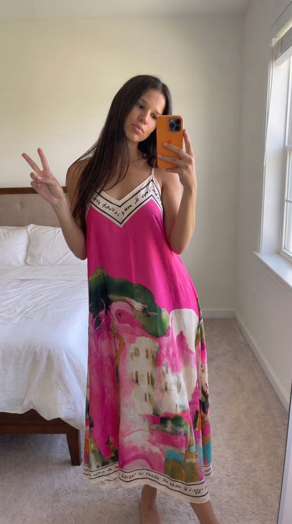 Robe longue fluide imprimée bleu multicolore femme – silhouette ample taille unique