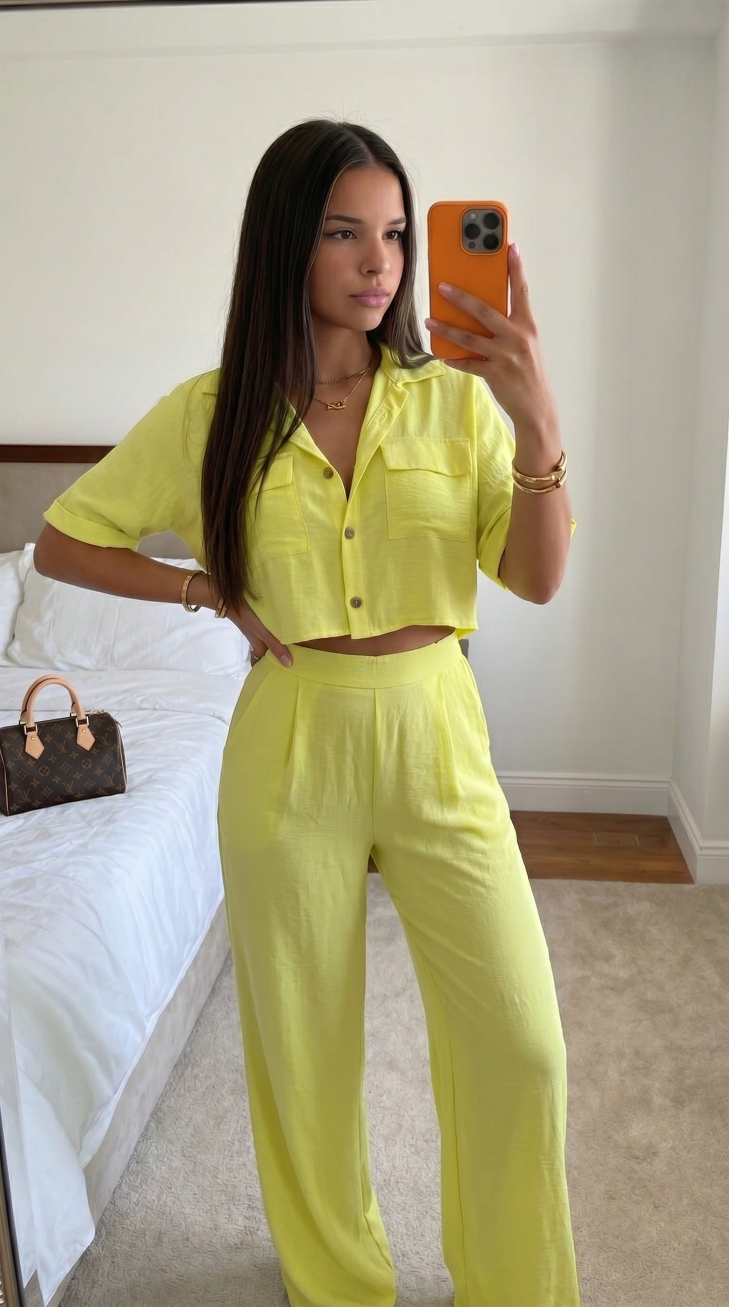 Ensemble jaune crop et pantalon femme taille haute