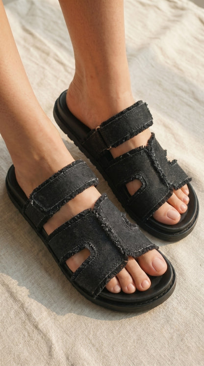 Sandales H denim ajustables femme – détail double scratch