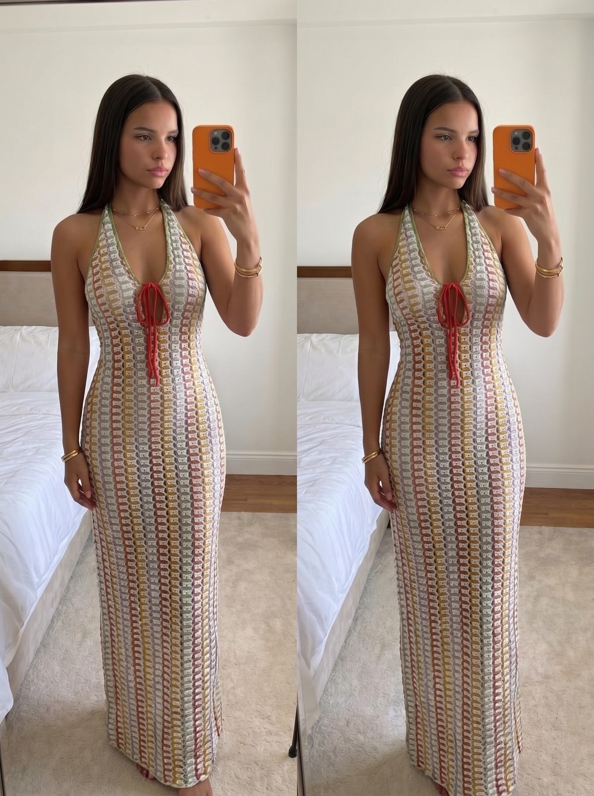 Robe longue halter femme motif bleu vert vue dos