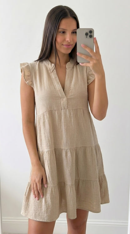 Robe Courte Bohème en Gaze de Coton Blanche