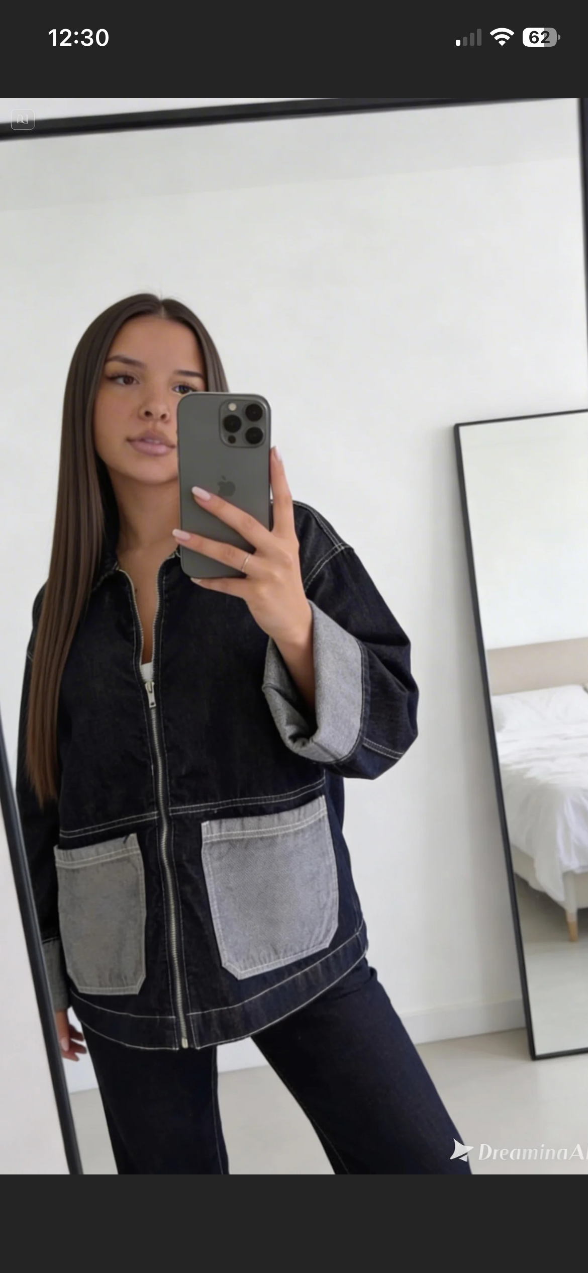 Veste jean oversize bicolore femme dos détail coutures contrastées
