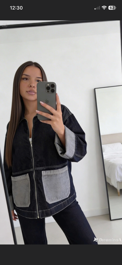 Veste jean oversize bicolore femme dos détail coutures contrastées