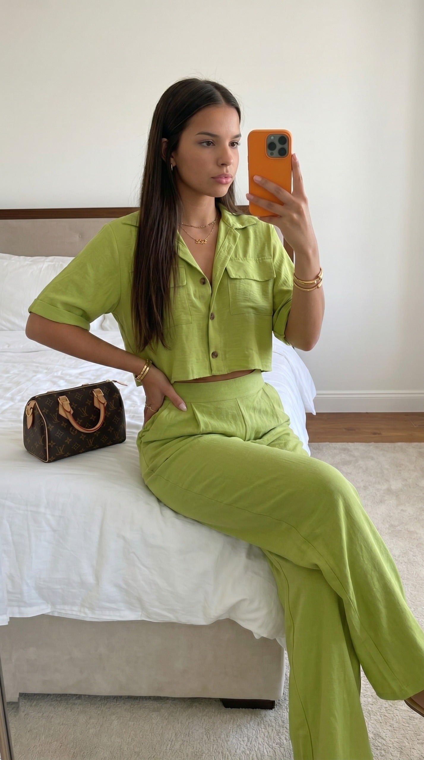 Ensemble vert crop chemise pantalon fluide femme