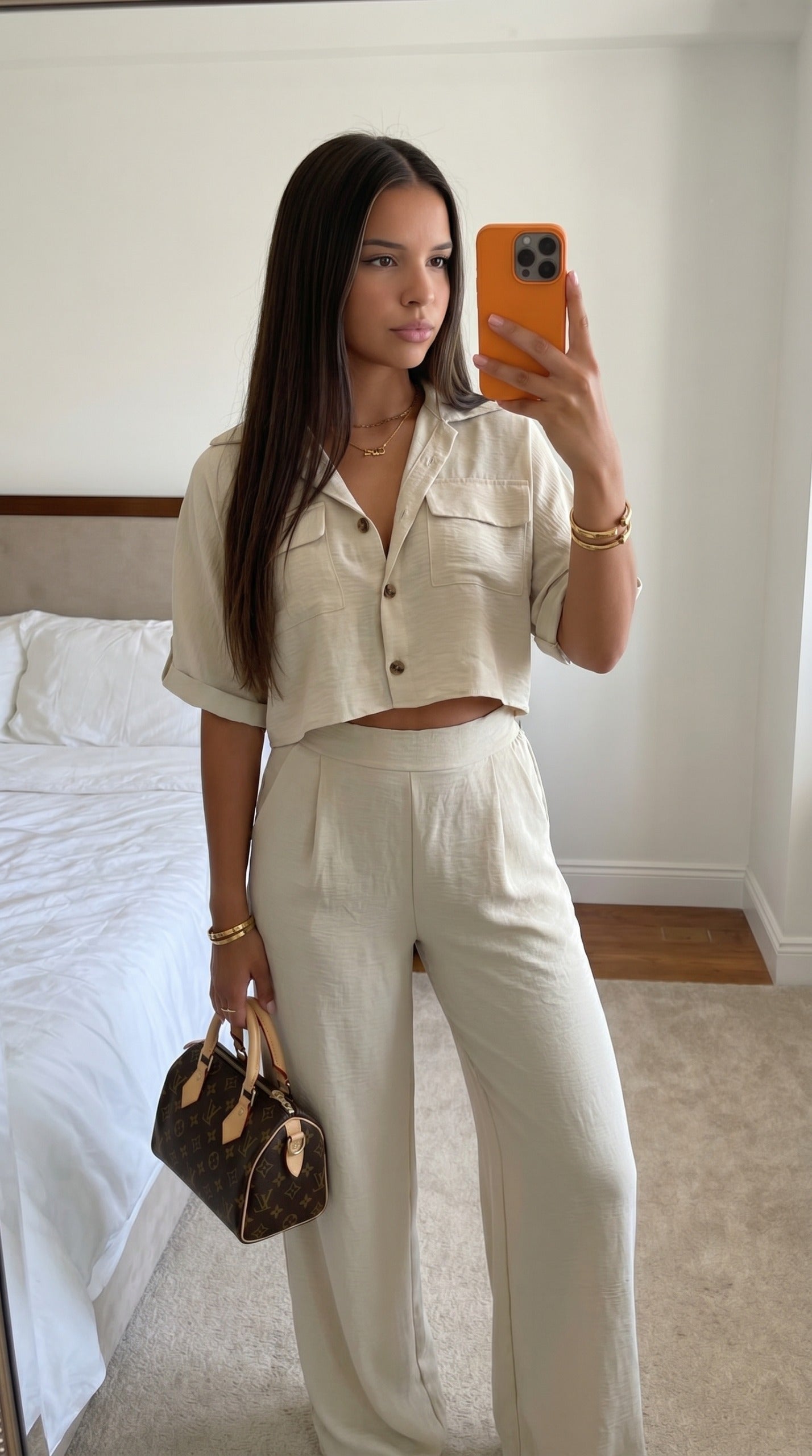 Ensemble crop chemise pantalon beige femme vue face