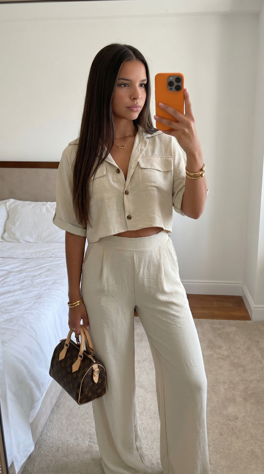 Ensemble crop chemise pantalon beige femme vue face
