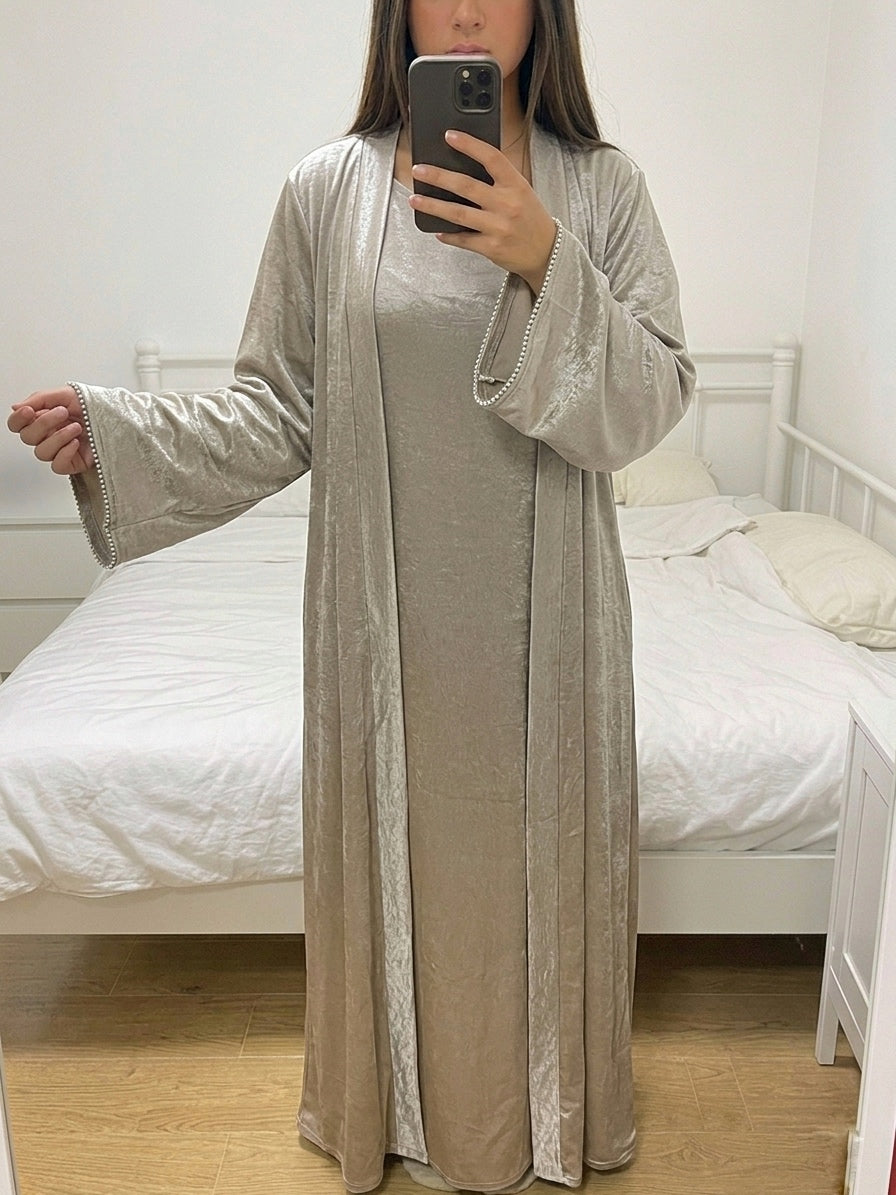 Ensemble Abaya Satin Marron — Robe & Kimono Élégant