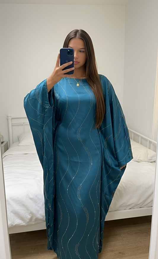 Abaya satin bleu canard à strass — taille ajustable