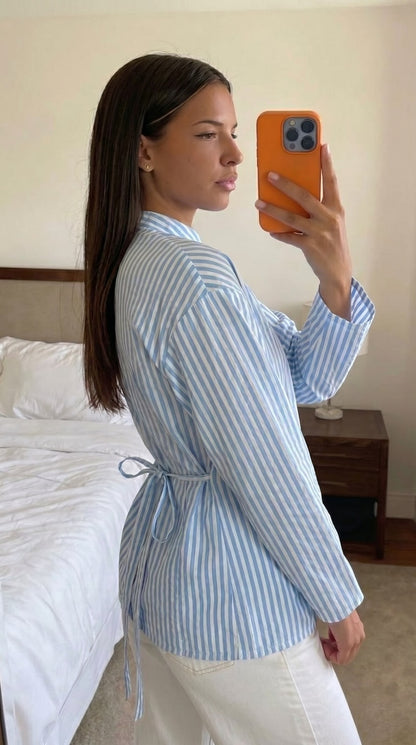 Chemise Rayée Oversize Femme – Dos Noué Casual Chic
