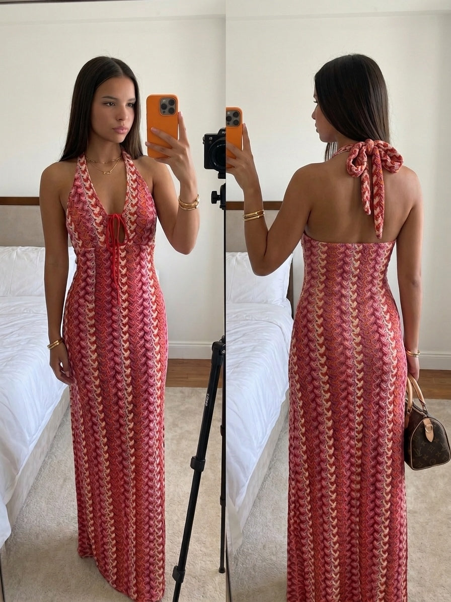 Robe longue col halter femme motif violet rose orange