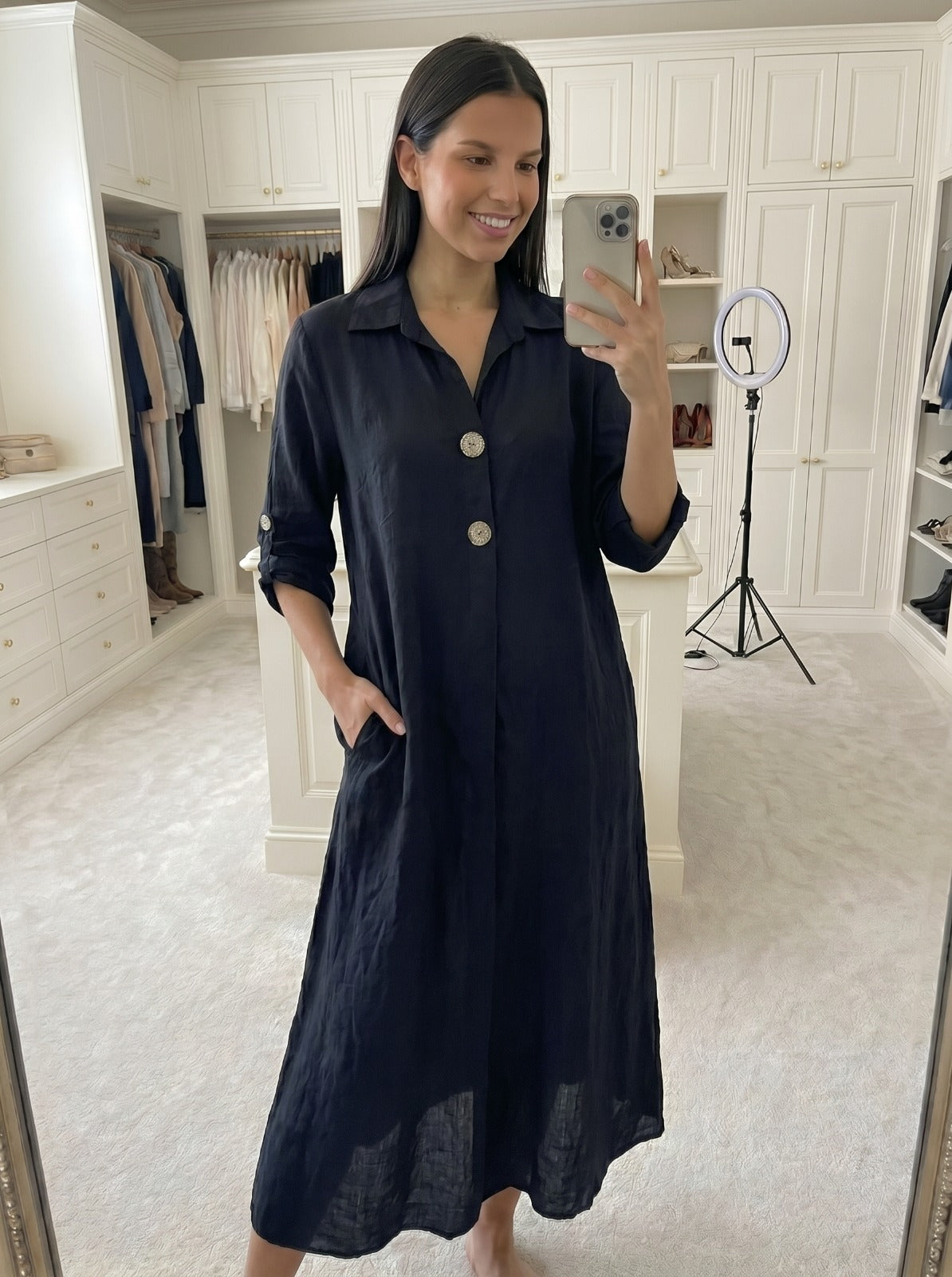 Robe viscose bouton doré manche 3/4