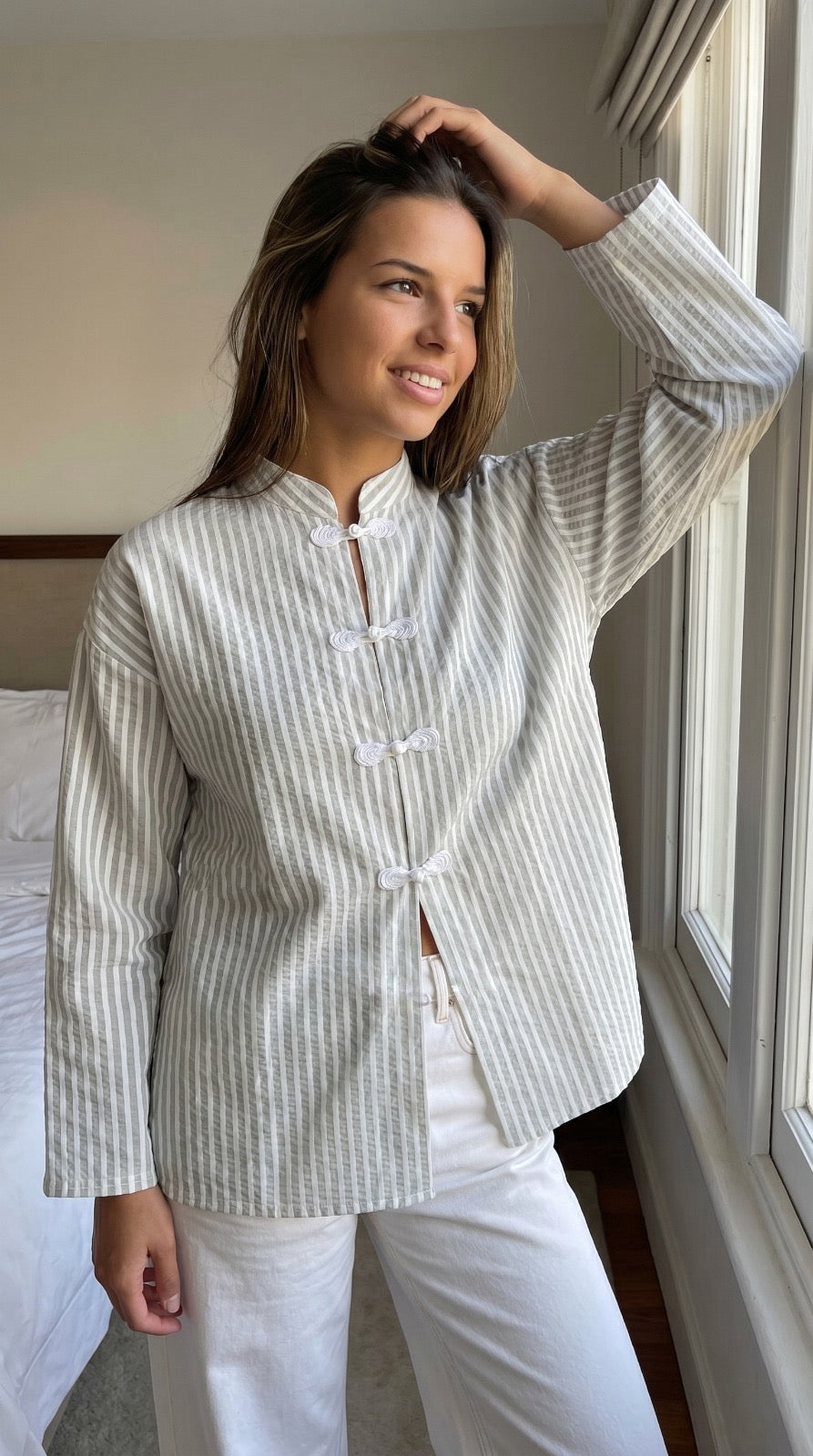 Chemise rayures vert femme boutons chinois détail fermeture