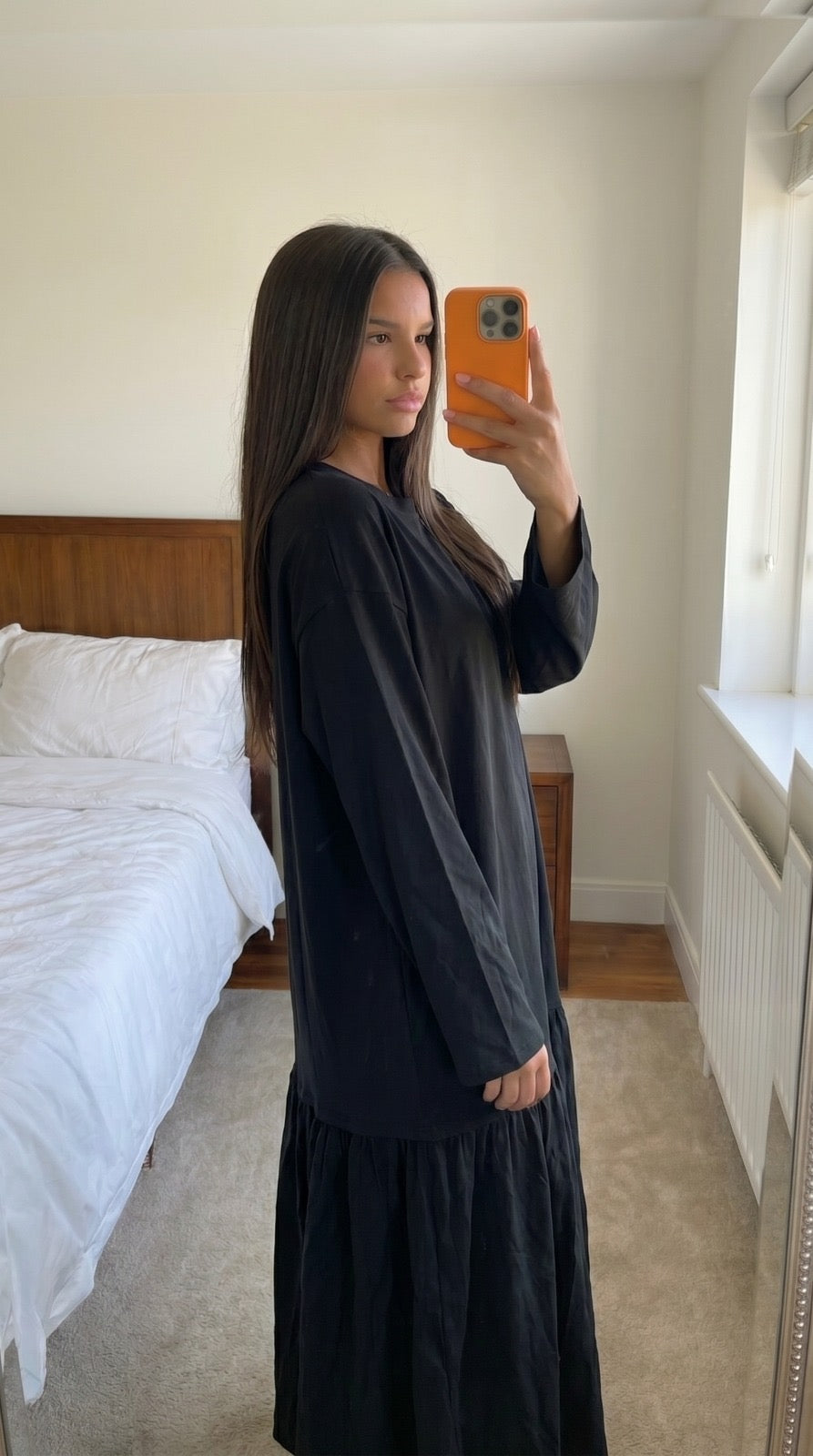 Robe marron oversize femme manches courtes volant bas
