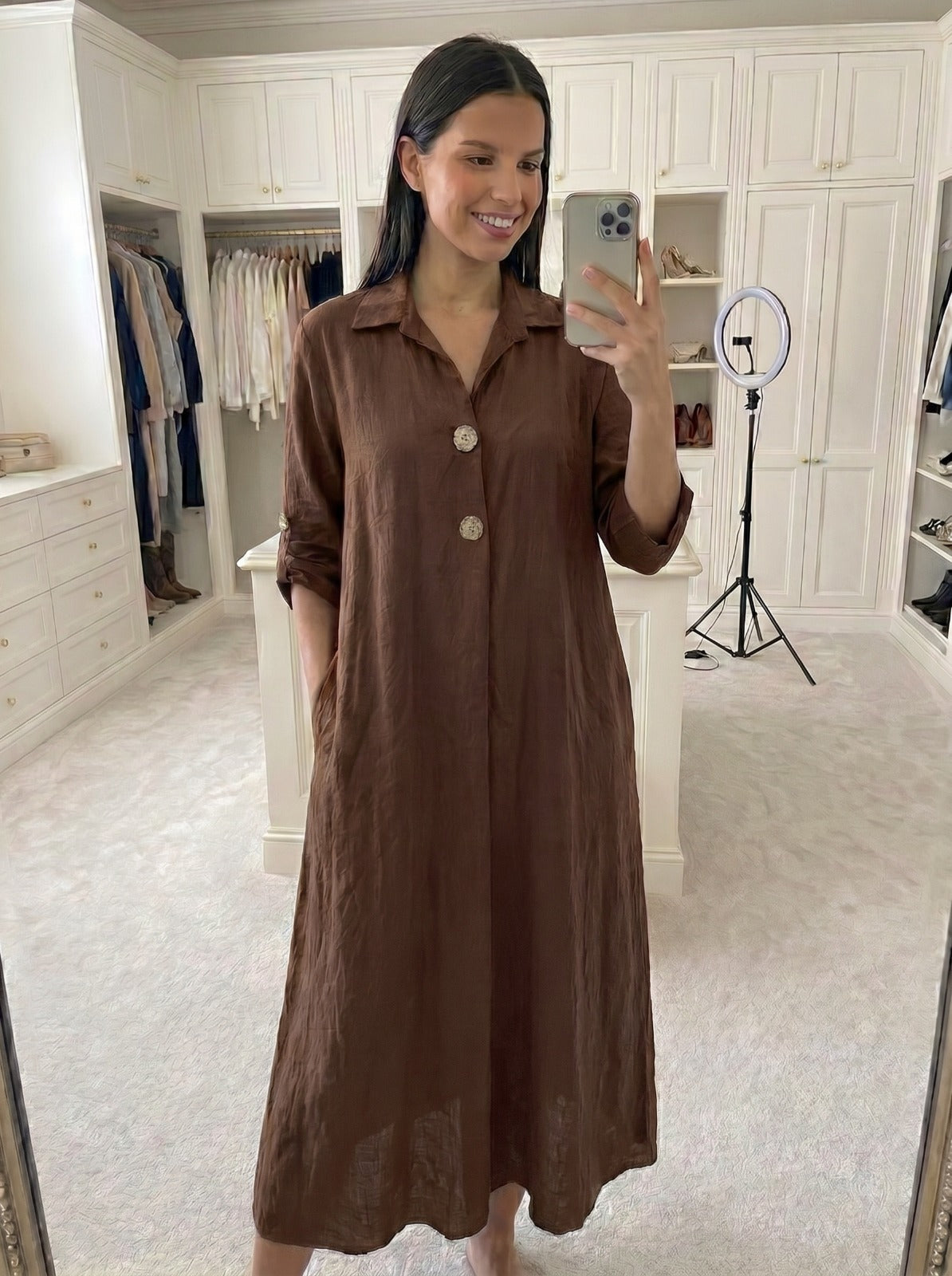 Robe viscose bouton doré manche 3/4