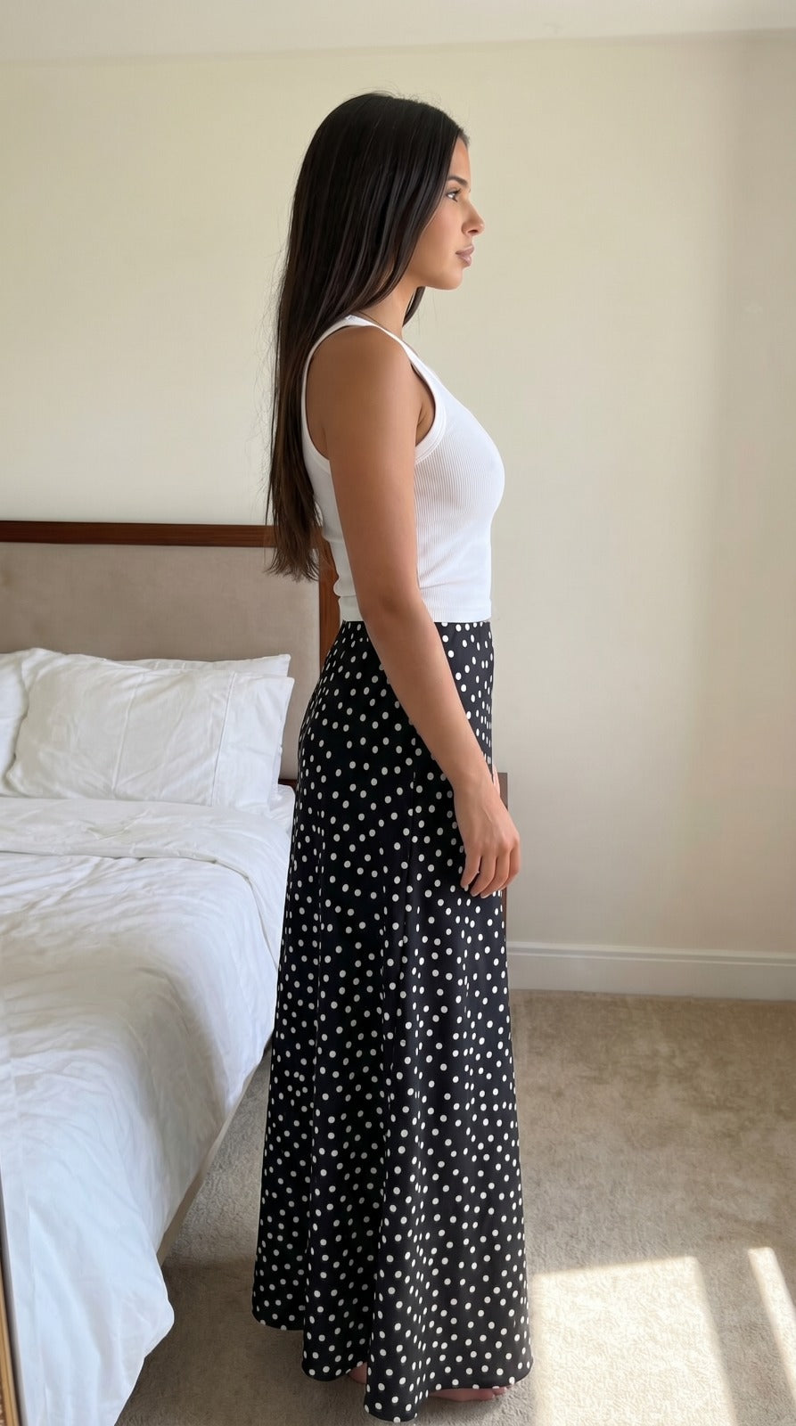 Jupe pois noire satin femme vue dos