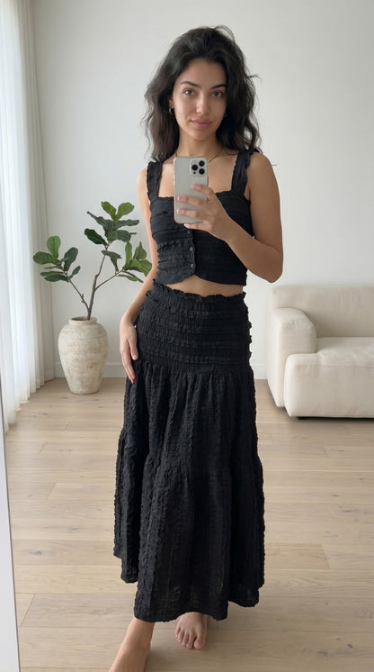 Ensemble Bohème Blanc Texturé – Top & Jupe Longue