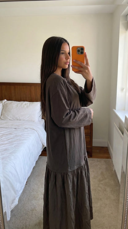 Robe longue oversize jaune volantée femme vue face