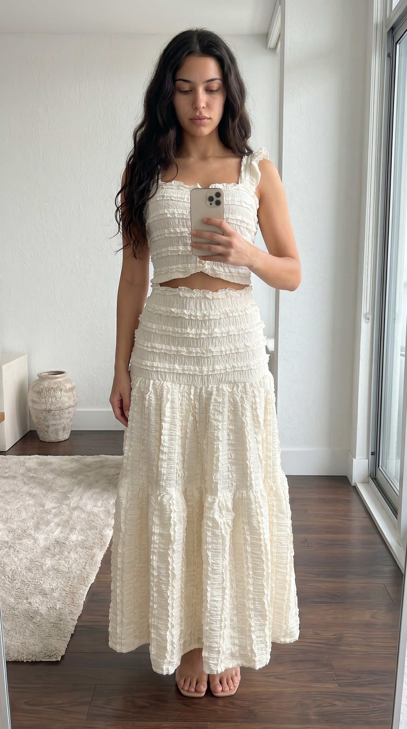 Ensemble Bohème Blanc Texturé – Top & Jupe Longue