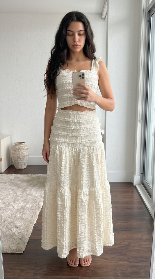 Ensemble bohème blanc texturé top et jupe longue femme – vue de face | INES CONCEPT STORE