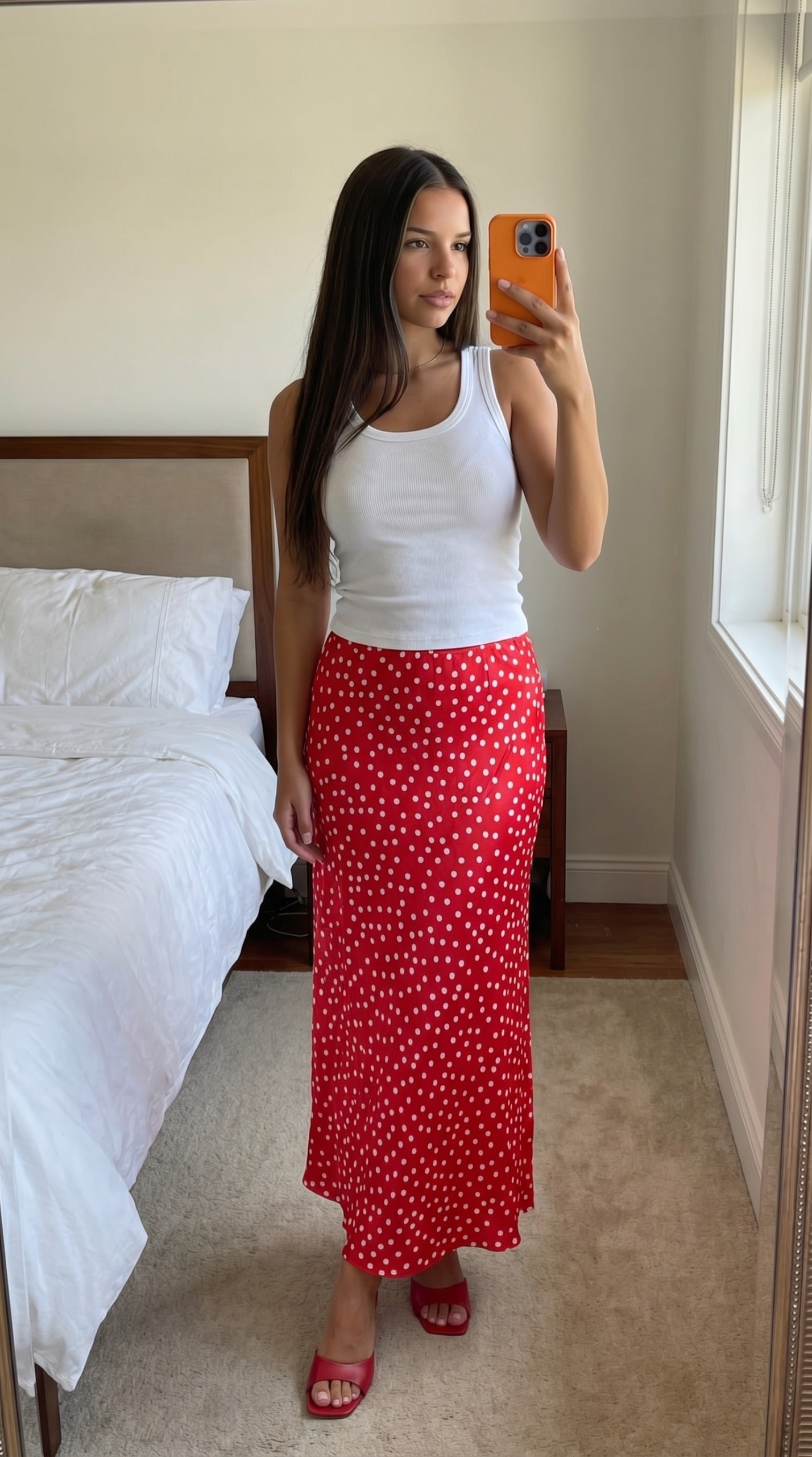 Jupe longue satinée pois femme rouge coupe droite