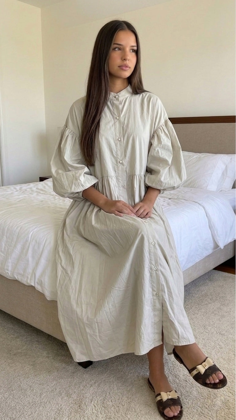 Robe chemise manches bouffantes vue de face femme fluide