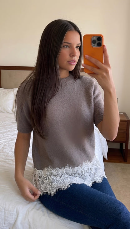 Pull dentelle femme noir col rond motif ajouré