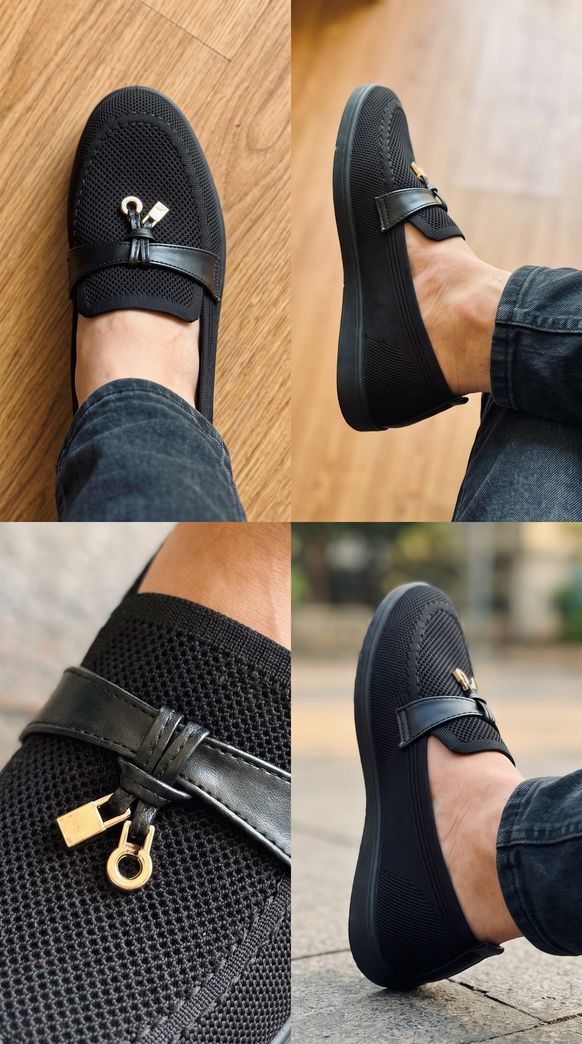 Mocassin Maille Tissée Boucle Dorée Noir