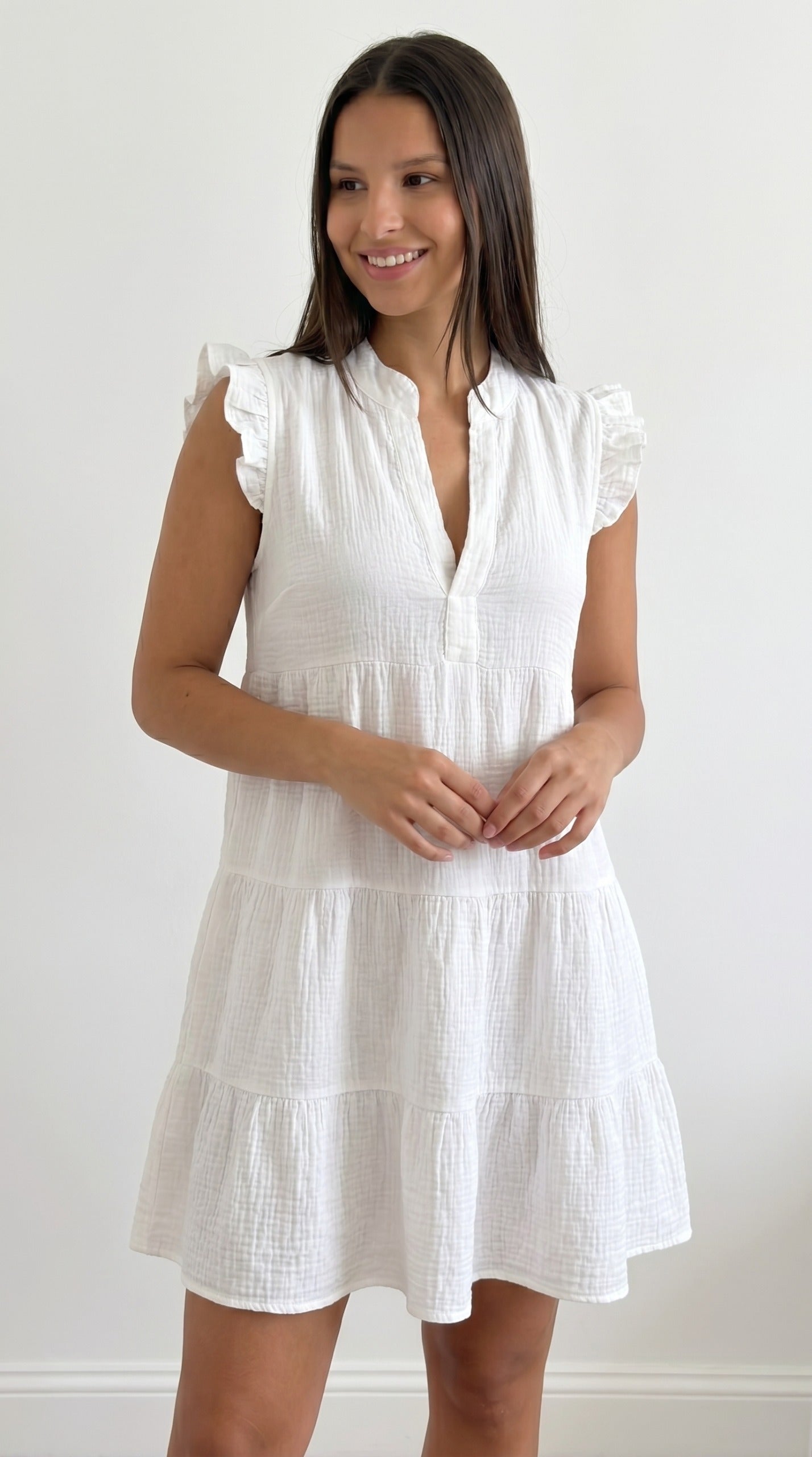 Robe Courte Bohème en Gaze de Coton Blanche