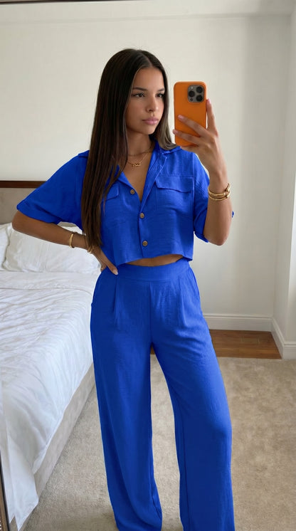 Ensemble Crop Chemise & Pantalon Fluide Femme – Chic