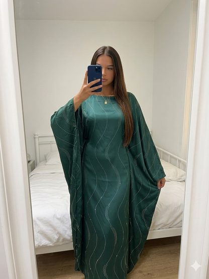 Abaya satin bleu canard à strass — taille ajustable
