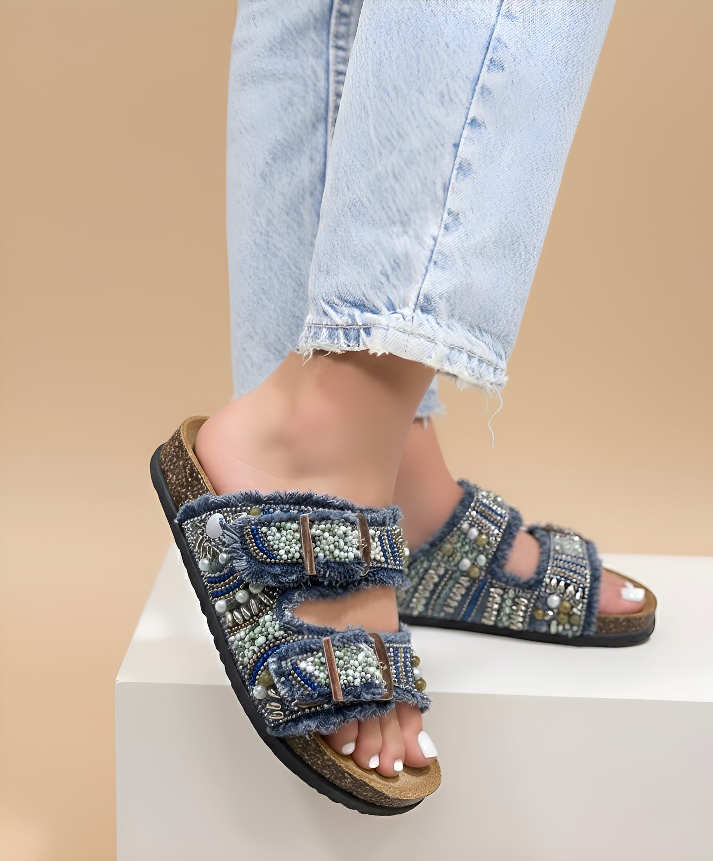 Sandales Bohème Denim Perlé — Confort & Élégance Estivale