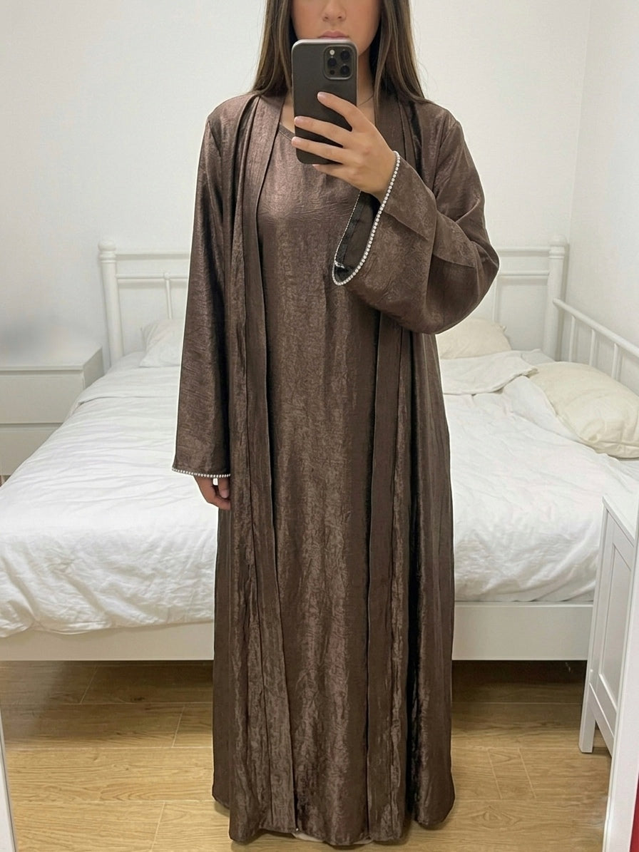 Ensemble Abaya Satin Marron — Robe & Kimono Élégant