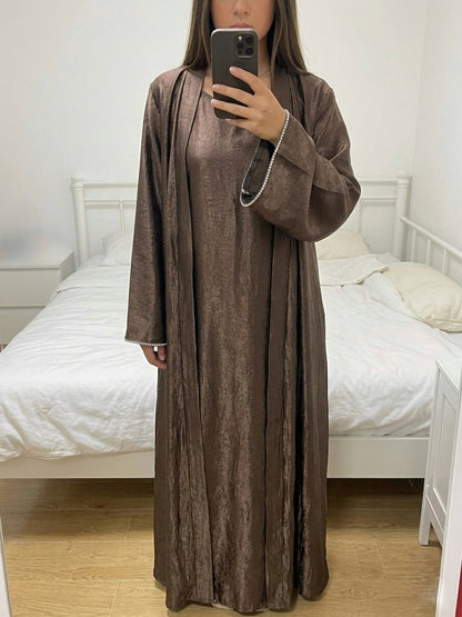 Ensemble Abaya Satin Marron — Robe & Kimono Élégant
