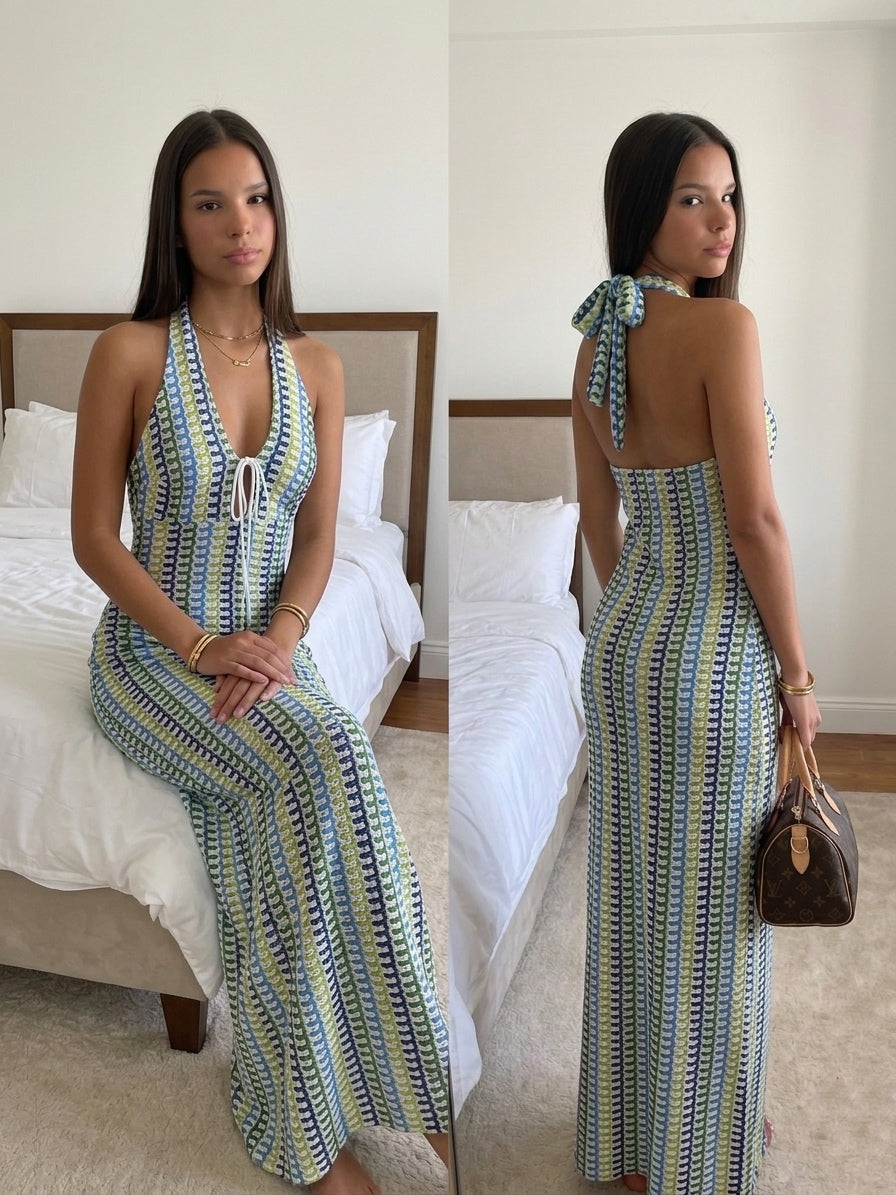 Robe dos nu col halter femme motif noir blanc