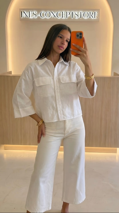 Chemise Crop Femme Poches Poitrine – Coupe Ample Casual Chic