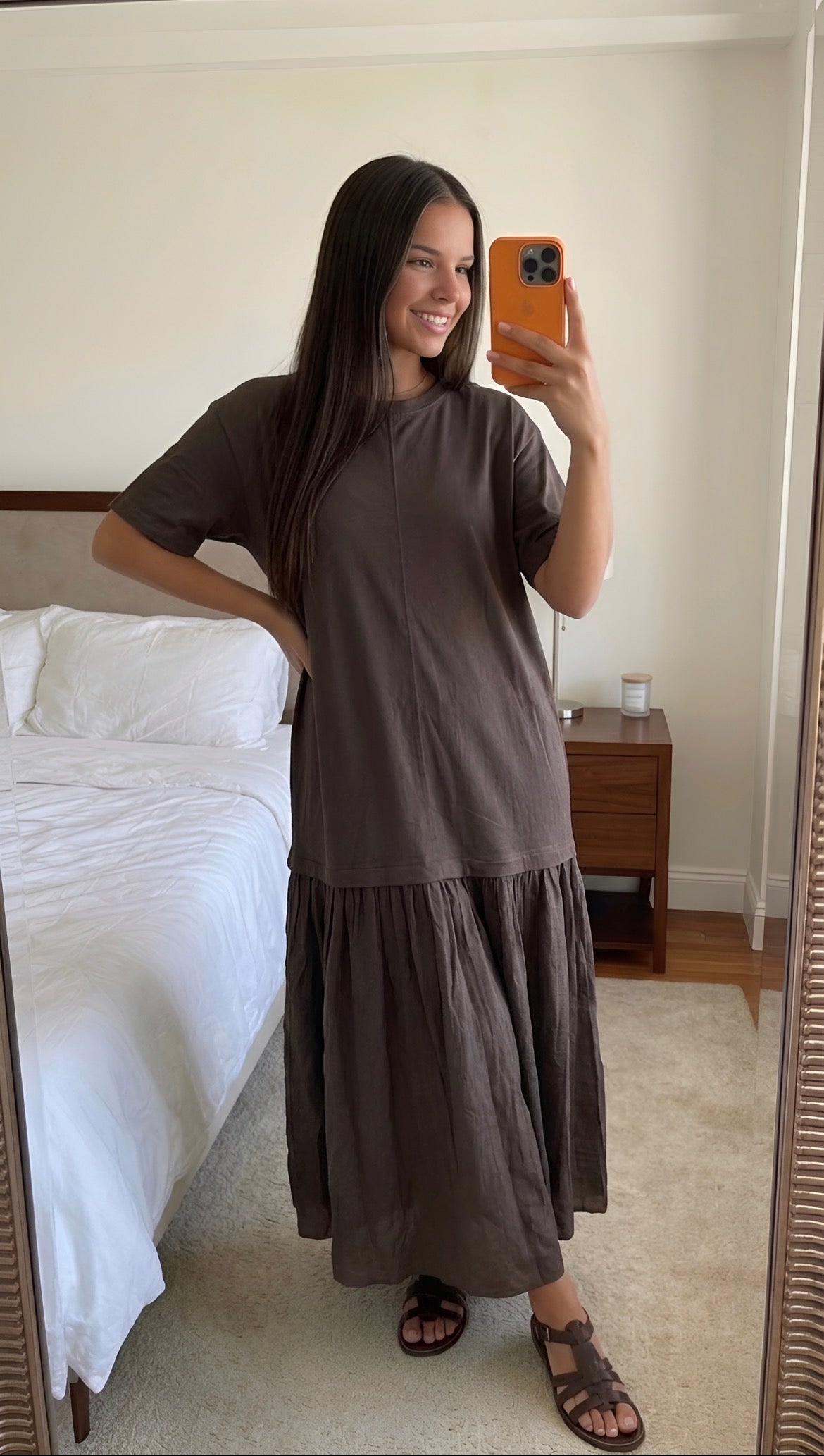 Robe oversize beige bi-matière femme profil allongé