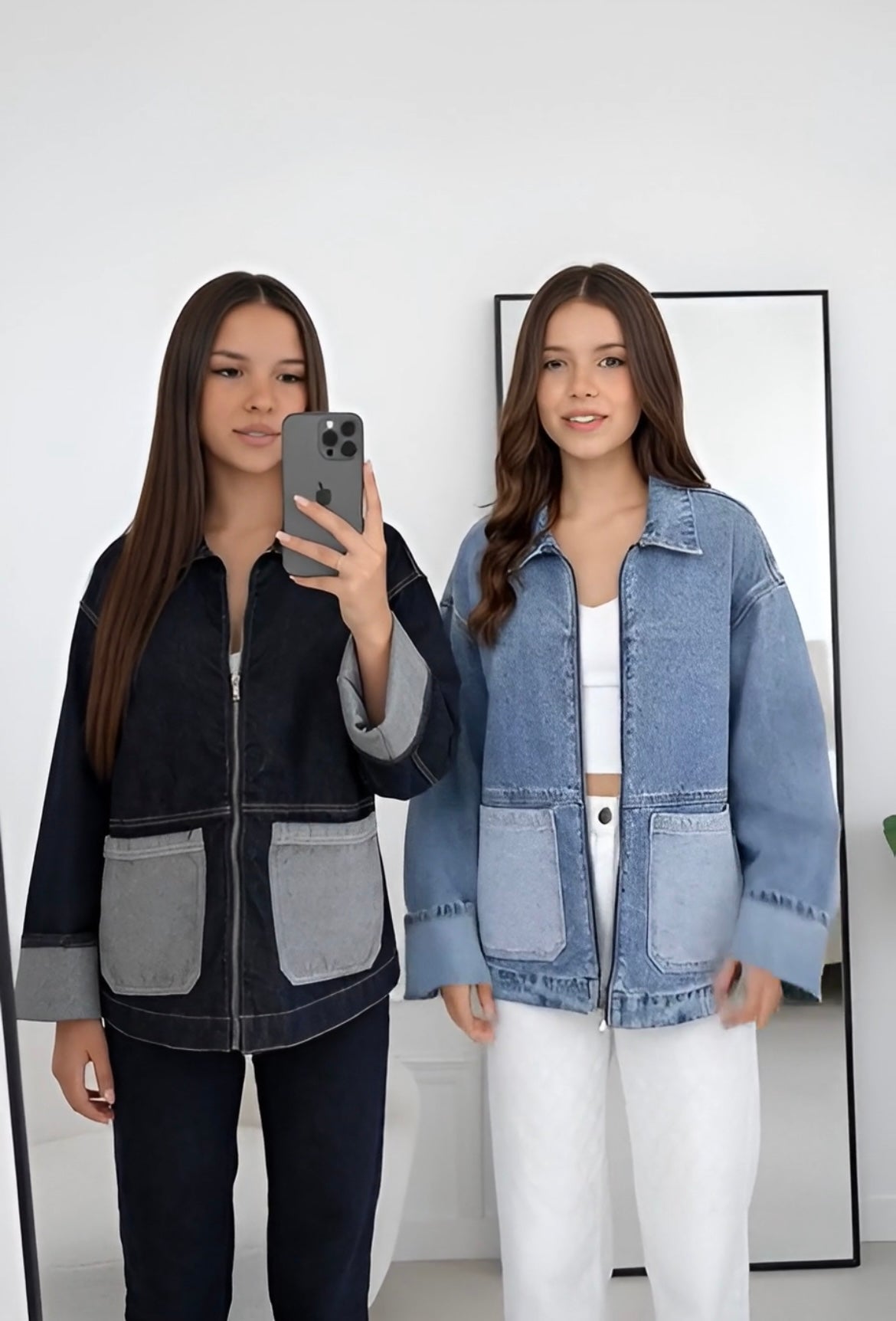 Veste denim femme bleu ciel oversize graphique porté ouvert