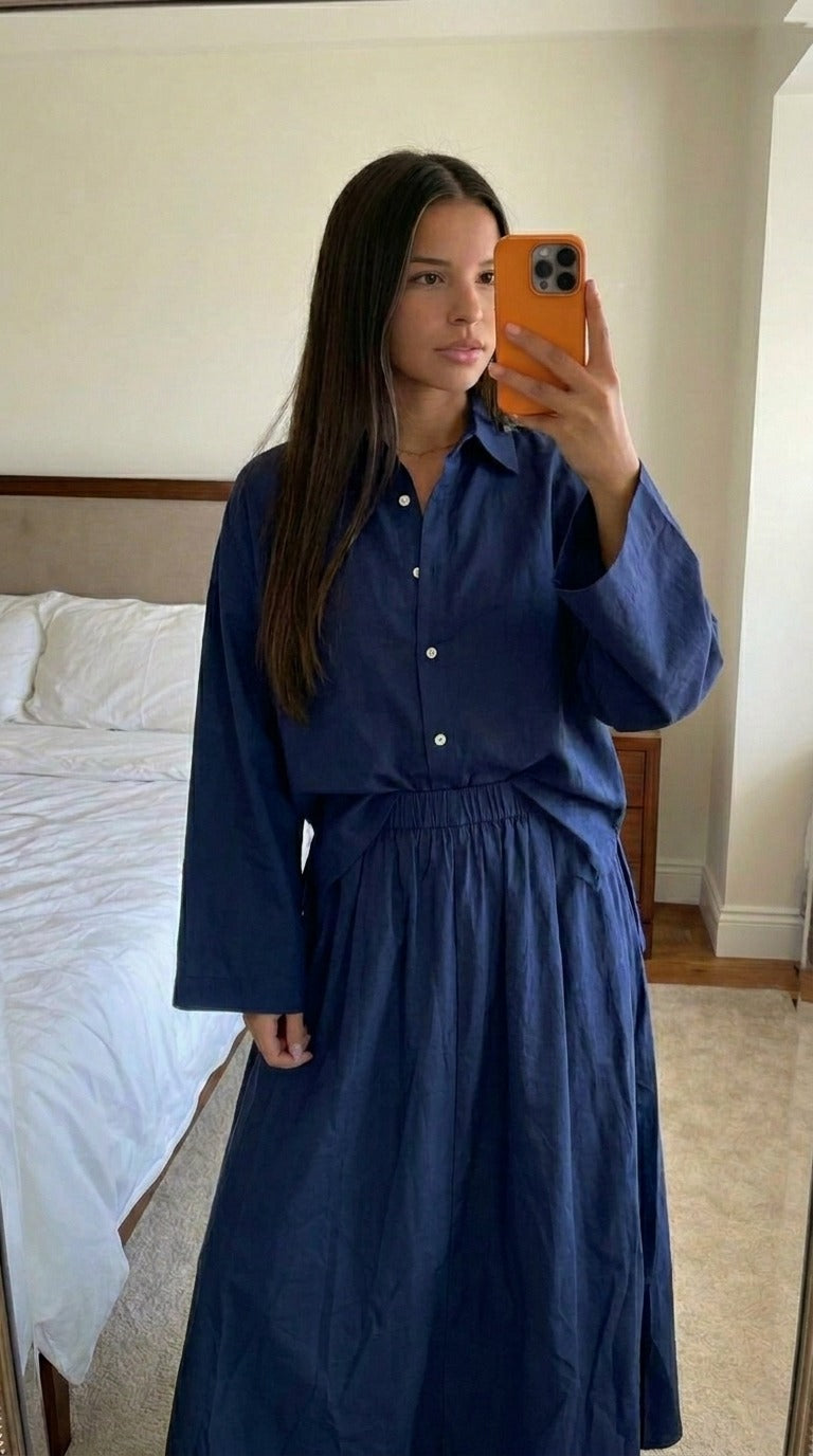 Ensemble 2 pièces coton marine femme jupe longue chemise