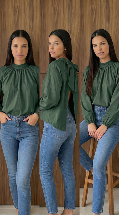 Top beige popeline femme dos noué profil