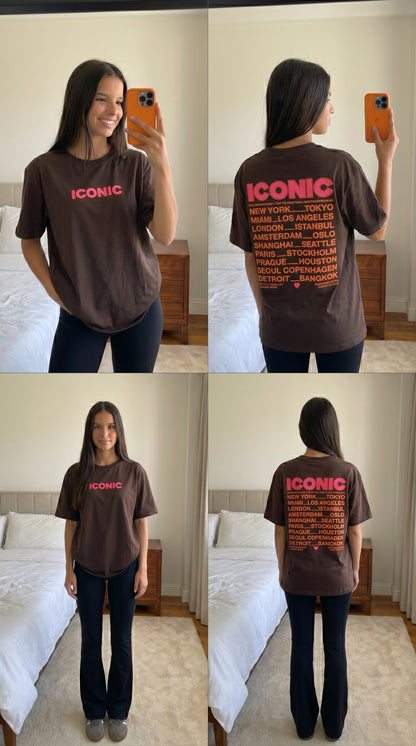 T-shirt marron oversize ICONIC femme vue dos inscription