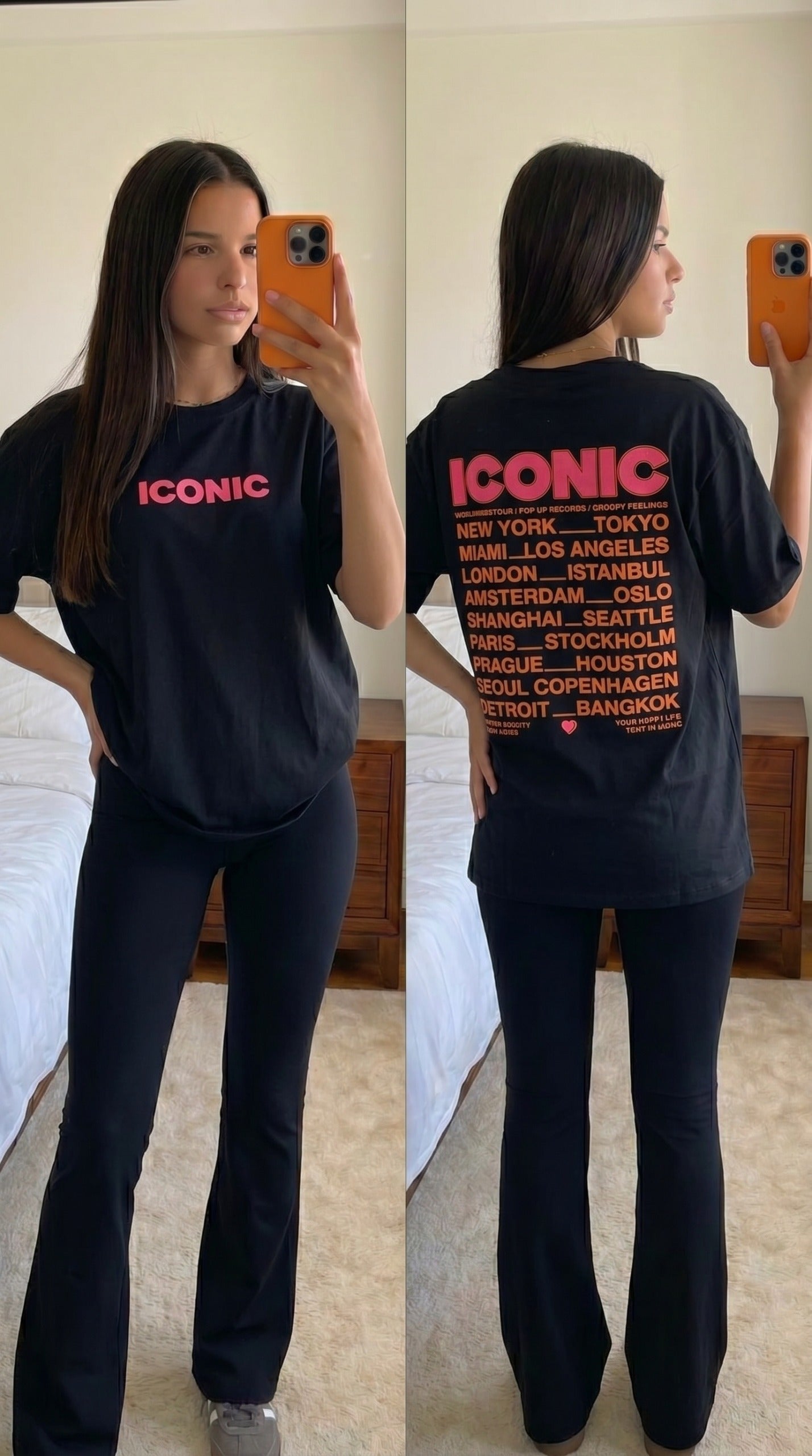 T-shirt noir ICONIC oversize femme porté avec jean